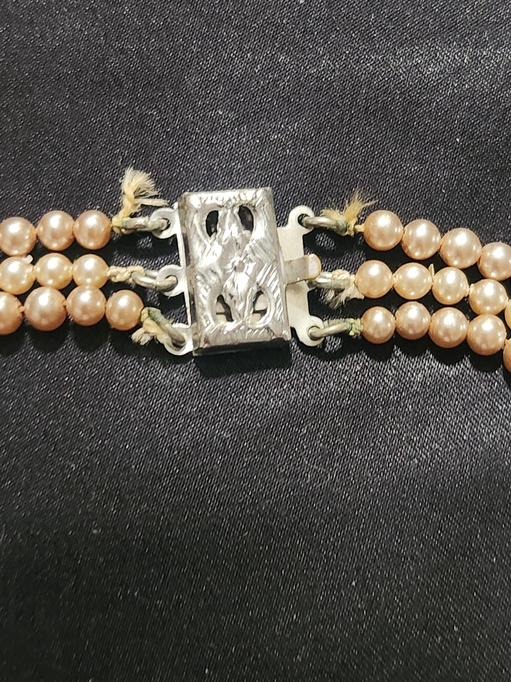 Vintage Triple Strand Graduated Faux Pearl Necklace | Silver Filigree Box Clasp - Picture 3 of 6